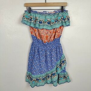 Boteh Dress Womens 4 Boho Floral Off Shoulder Ruffle Smocked‎ Waist Mini Beach